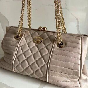 GLAMOUROUS Women's GUESS Shoulder Bag Woven Goldtone Top Handles Quilted Leather